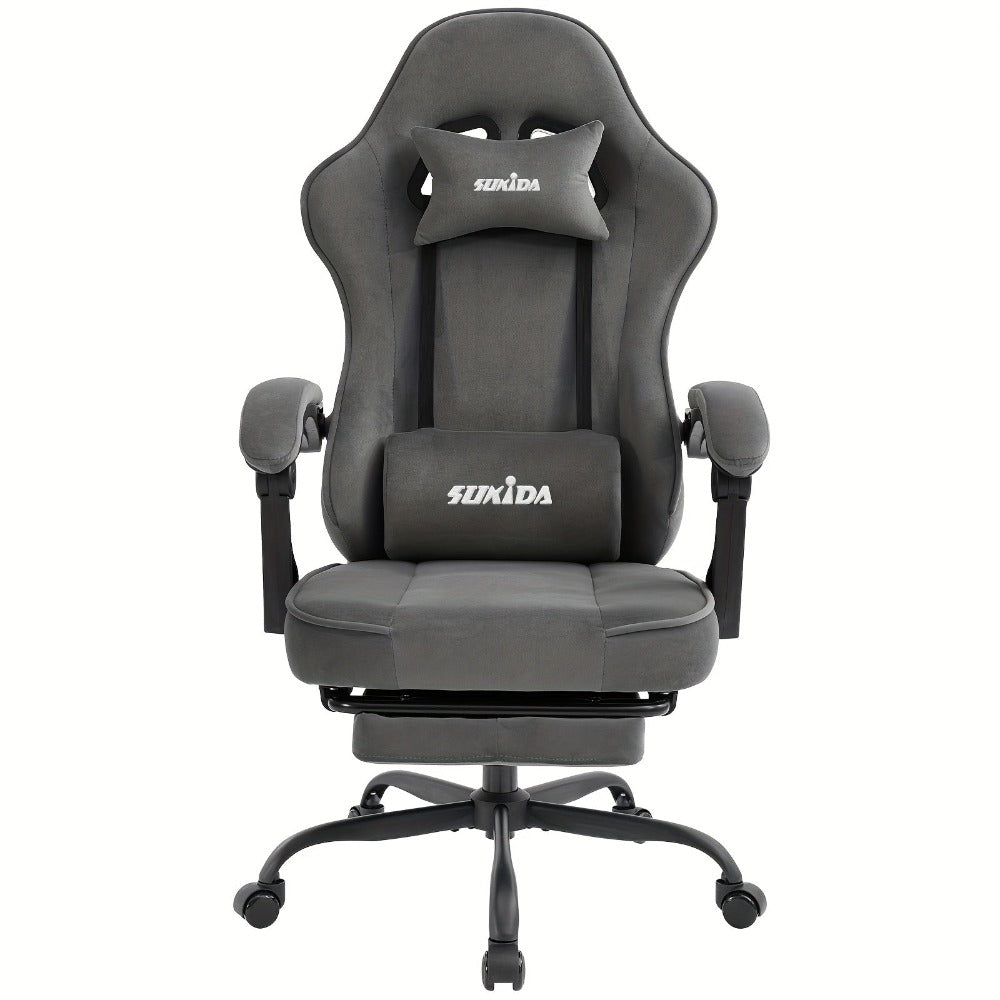 Silla de gaming SUKIDA de tela, silla de gaming ergonómica con reposapiés, silla de carreras para ordenador ajustable con soporte lumbar, silla ergonómica para PC negra
