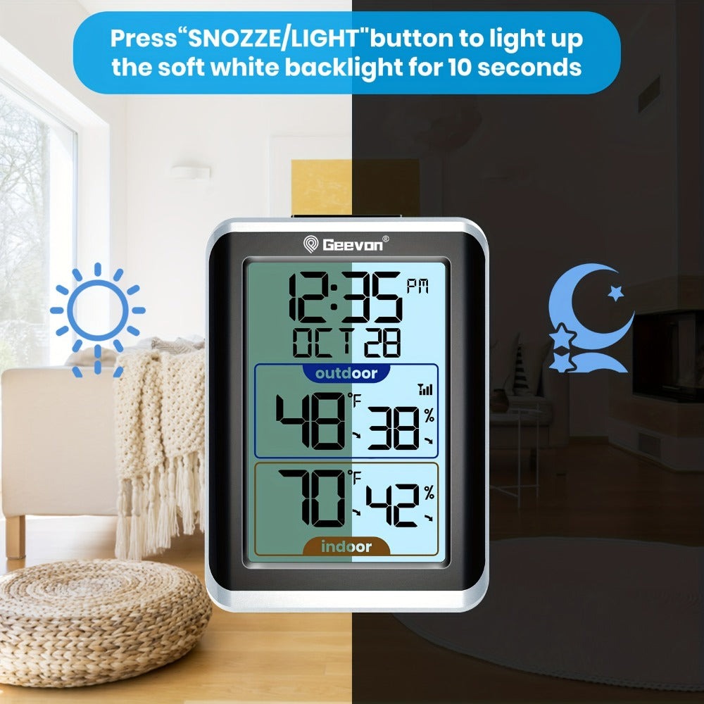 GEEVON Termómetro y higrómetro digital inalámbrico con reloj - Uso interior/exterior, escala dual (Fahrenheit/Celsius), monitor de temperatura y humedad de alta precisión, montable en la pared