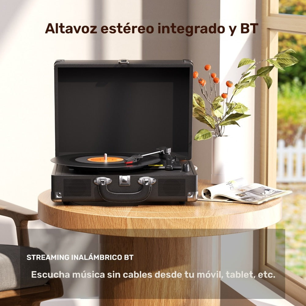 Tocadiscos Clásico Maio C200, Reproductor de Vinilo, Plancha de Discos, Unidad de Tocadiscos, Estéreo de Alta Calidad, Altavoz Integrado, 3 Velocidades, Tocadiscos Clásico con Transmisión por Correa, Salida de Audio de 3.5 mm, Compatible con Altavoces Ext