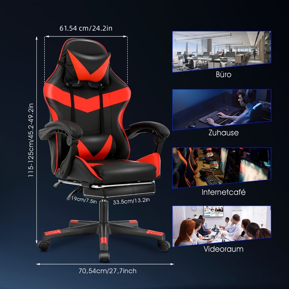 Silla de gaming con reposapiés, silla de gaming ergonómica, silla de ordenador con soporte lumbar, reposacabezas, sillas de PC de altura ajustable con asiento giratorio de 360° para oficina o gaming