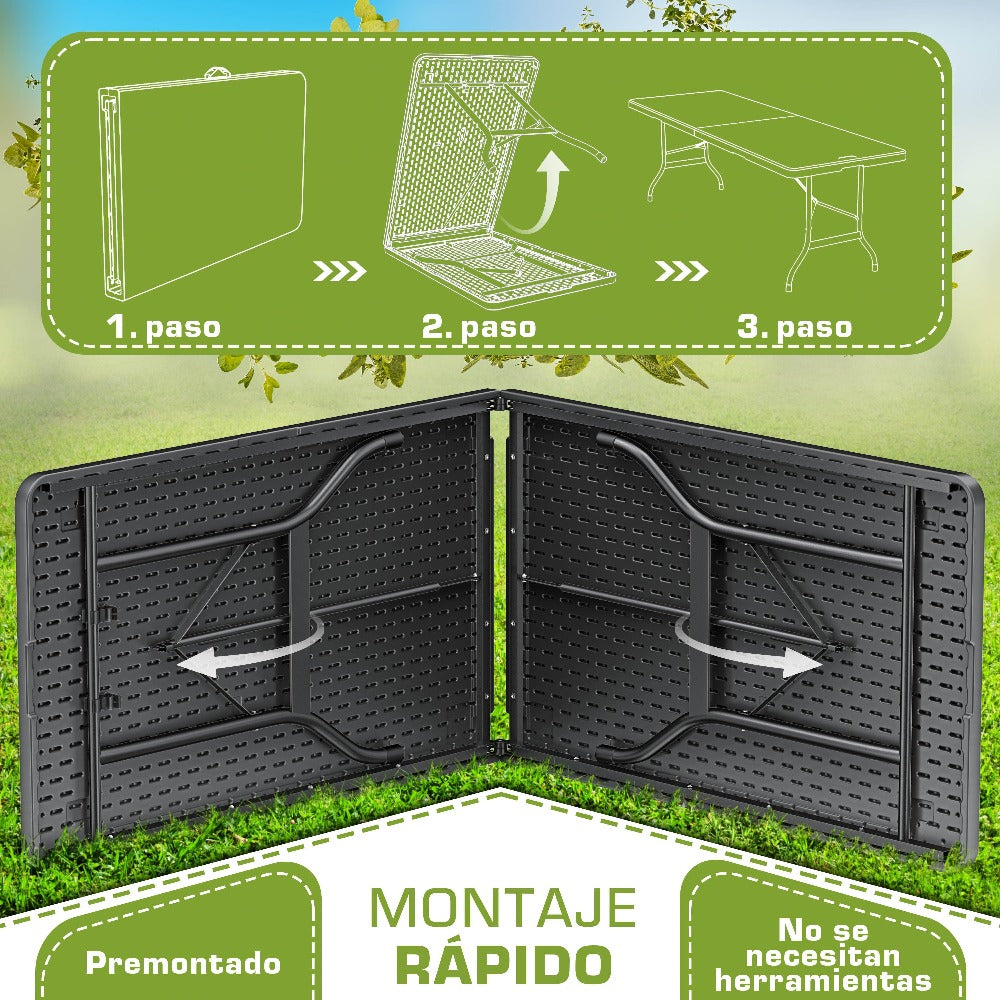 tillvex® Mesa de jardín plegable 180x75cm, resistente a la intemperie | Mesa de camping y buffet de plástico con asa | Para jardín, terraza, camping, balcón, 6 personas, negro