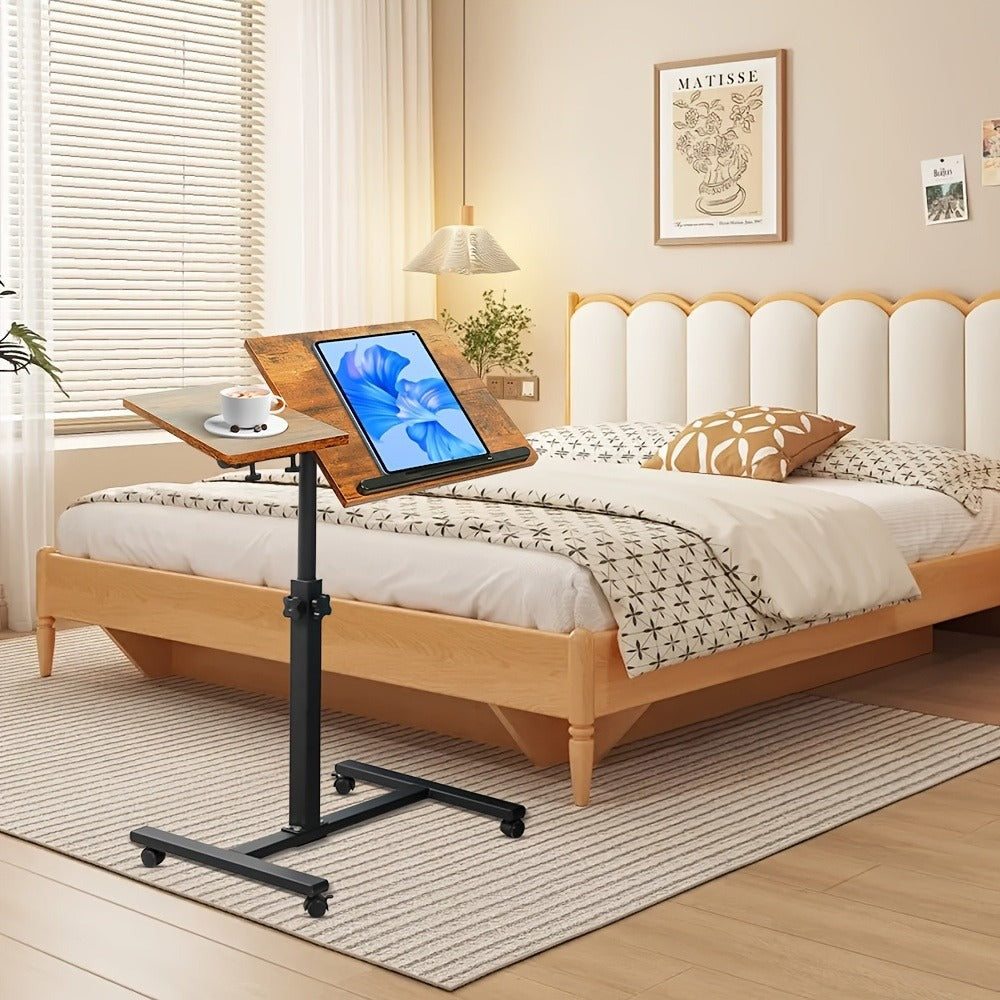 Escritorio Ajustable para Laptop, 60 X 34.5 X 58-90 Cm, Mesa Plegable para Cama, Mesa de Sofá con Ruedas, Soporte Elevable para Laptop Giratorio 360 Grados, Escritorio de Madera para Sofá y Laptop