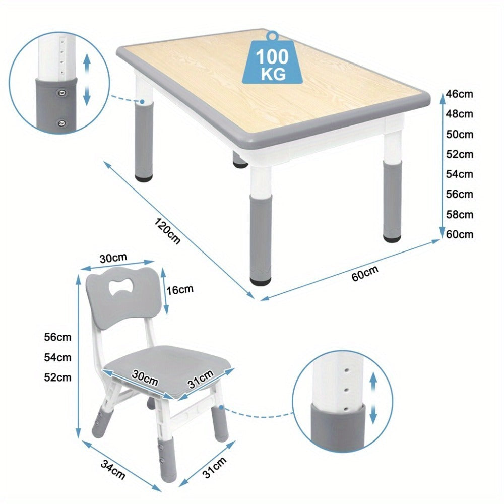 Una mesa acompañada de cuatro sillas, con un diseño de altura ajustable, ideal para una oficina y una mesa de aula que es fácil de limpiar.