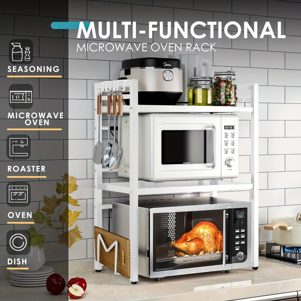 Estante para Microondas de 3 Niveles Extensible con 6 Ganchos, Estante de Cocina, Organizador de Especias, Organizador de Gabinete para Cocinas, , Extensible de 40 a 64 cm