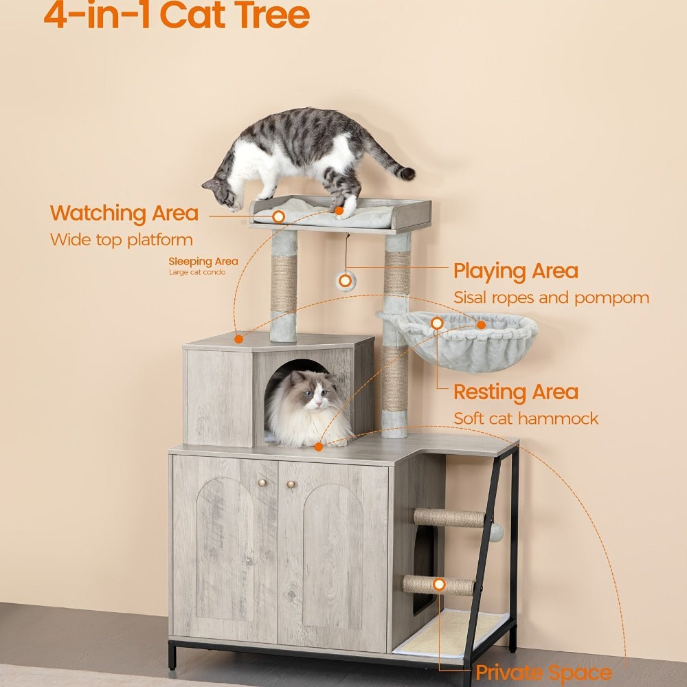 Árbol para Gatos con Armario de Letrero, Armario para Gatos, Casa Moderna 4-en-1 con Plataforma Grande, Casa para Gatos con Alfombra Rascadora de Sisal, Postes y Pompones, Cojines Lavables