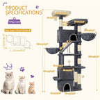 Rascador para Gatos Grande de 185 cm con 6 Postes para Rascar, 3 Cuevas, 2 Plataformas de Observación, 2 Cestas, 4 Pelotas de Peluche, Rascador Multinivel para Gatos