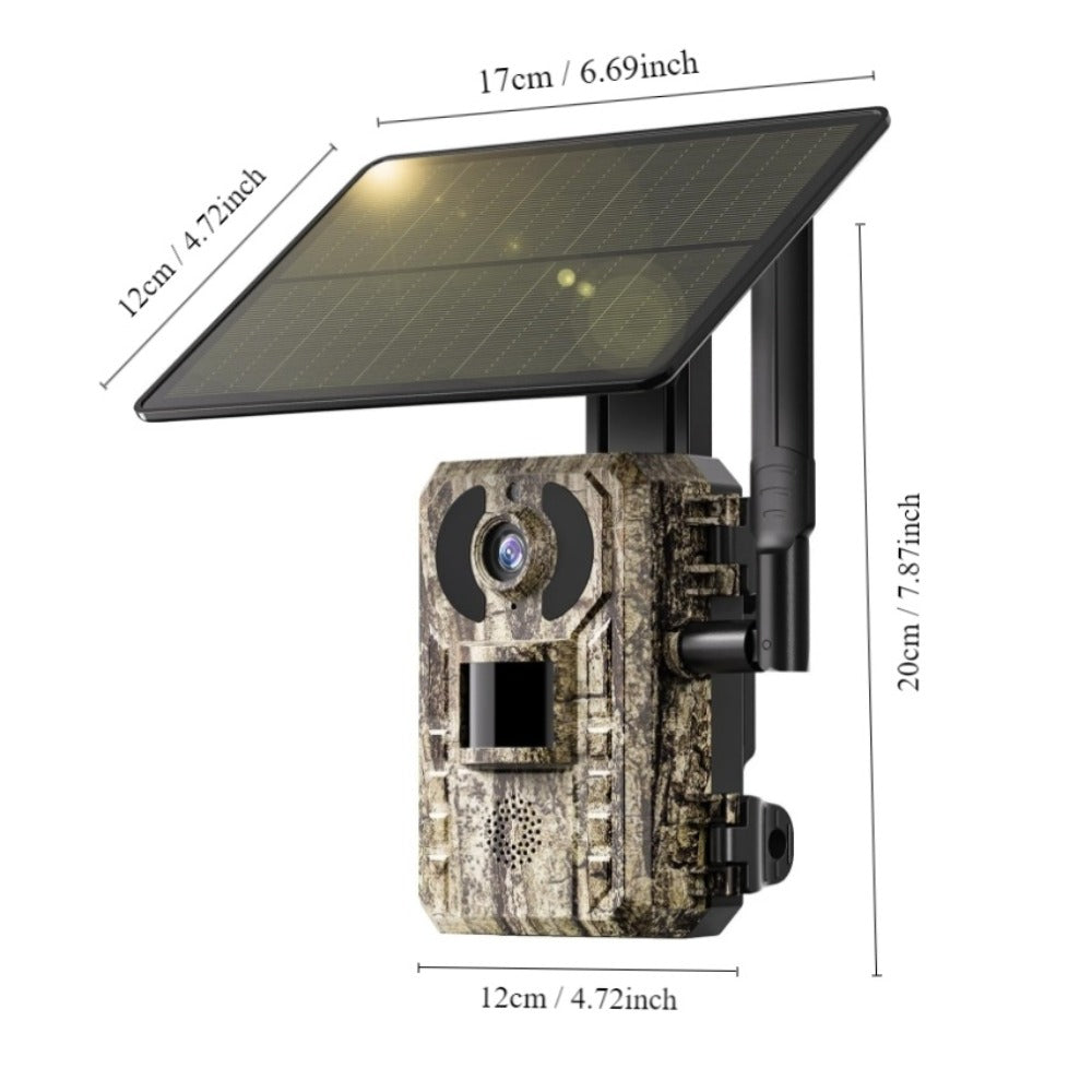 Cámara de Senderos Celular 4G LTE, Cámara para Juegos en Vivo 2K con Visión 360°, Tarjeta SIM Interna, Activación por Movimiento, Visión Nocturna a Color, Acceso Remoto desde Teléfono Móvil y Alimentada Solarmente