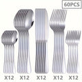 Juego de vajilla de acero inoxidable de 60 piezas para 12 personas con cuchillos, tenedores y cucharas. Ideal para restaurantes, fiestas, bodas, artesanía clásica de tiras. Mangos ergonómicos y diseño de alta calidad. Agarre cómodo. Lavable con lavavajill