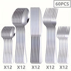 Juego de vajilla de acero inoxidable de 60 piezas para 12 personas con cuchillos, tenedores y cucharas. Ideal para restaurantes, fiestas, bodas, artesanía clásica de tiras. Mangos ergonómicos y diseño de alta calidad. Agarre cómodo. Lavable con lavavajill