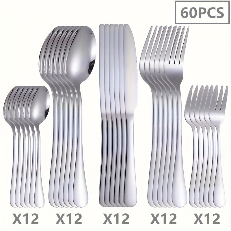 Juego de vajilla de acero inoxidable de 60 piezas para 12 personas con cuchillos, tenedores y cucharas. Ideal para restaurantes, fiestas, bodas, artesanía clásica de tiras. Mangos ergonómicos y diseño de alta calidad. Agarre cómodo. Lavable con lavavajill