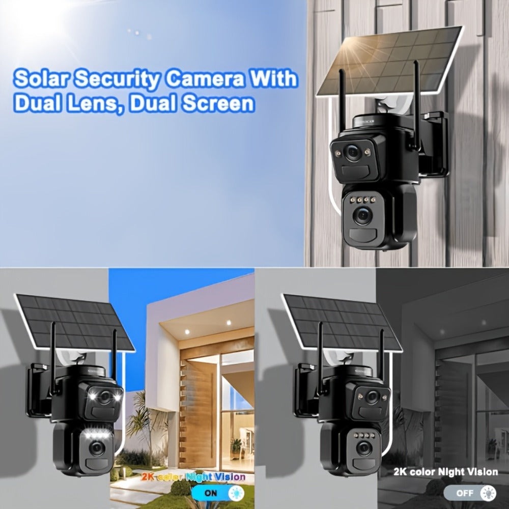 SZSINOCAM [Zoom 10x] Cámara CCTV WiFi 2K QHD de 360 grados con batería de panel solar de bajo consumo, alarma con foco, detección de movimiento, visión nocturna a color, audio bidireccional, un dispositivo = dos cámaras (cámara solar tipo bala + cámara so