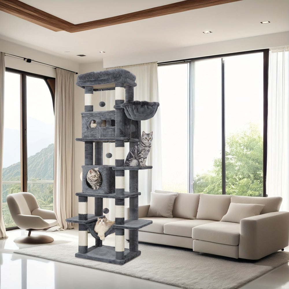 Rascador grande, árbol para gatos de 210 cm, con 8 postes rascadores, posadero, 2 cuevas, tapete lavable, hamaca, pelotas de felpa, rascador de varios pisos para gatos grandes, gris claro, gris oscuro