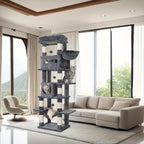 Rascador grande, árbol para gatos de 210 cm, con 8 postes rascadores, posadero, 2 cuevas, tapete lavable, hamaca, pelotas de felpa, rascador de varios pisos para gatos grandes, gris claro, gris oscuro