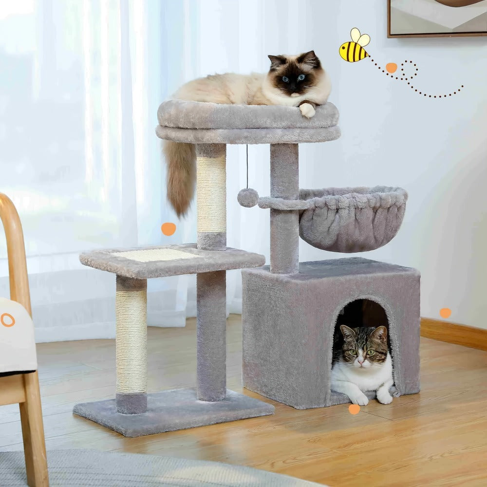 Árbol para Gatos Pequeños de Pawz Road para Interiores - Centro de Actividades Convertible 2-en-1 con Postes Rascadores, Hamaca de Peluche y Percha Superior Desmontable, Diseño Robusto Ahorrador de Espacio para Gatitos, Gris y Beige, Árbol Lindo para Gato