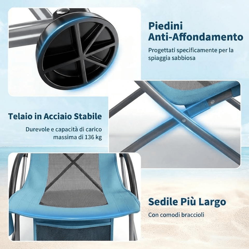 Silla de Playa Elevada, Sillas de Playa Plegables Portátiles, Ligera con Portavasos, Bolsillo de Almacenamiento y Bolsa de Transporte, Perfil para Camping, Playa, Viajes