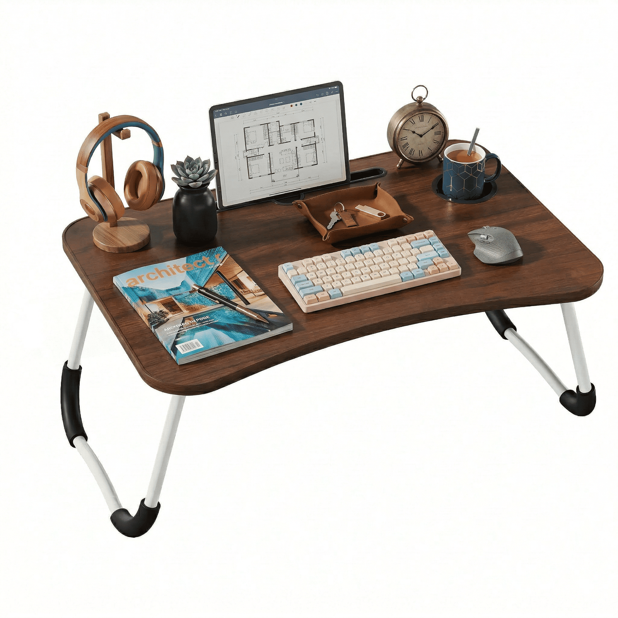 Mesa plegable para cama y sofá con portavasos, mesa auxiliar multifunción con atril para leer en la cama, bandeja multifunción para ordenador, libros, trabajo y estudio en casa (50x30x22cm)