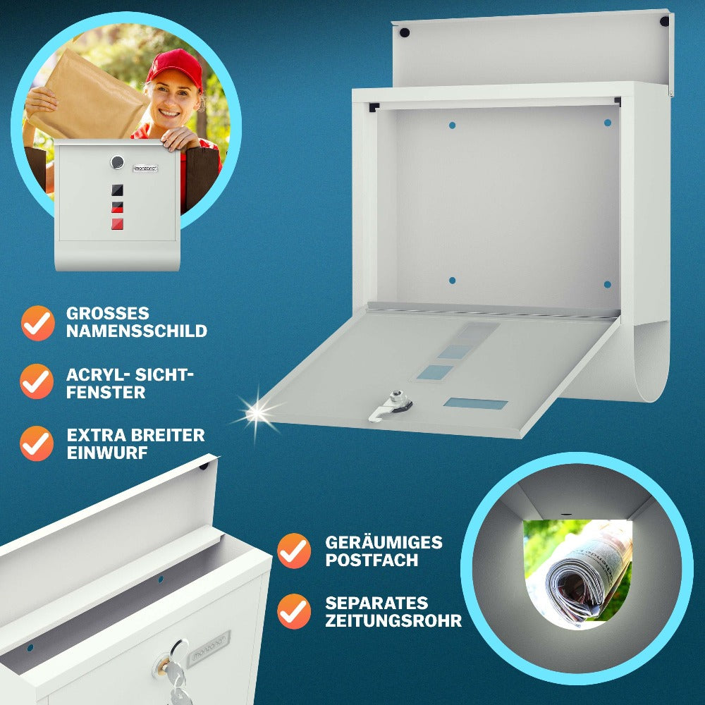 Buzón MONZANA® con Cerradura Cruzada, Cilindro de Cobre, Tapa Giratoria, 31x10x34 cm, Ventana de Visualización, Placa de Identificación, Compartimento para Periódicos, Fácil Instalación, Acero Aleado, 2 Llaves, Caja de Correo