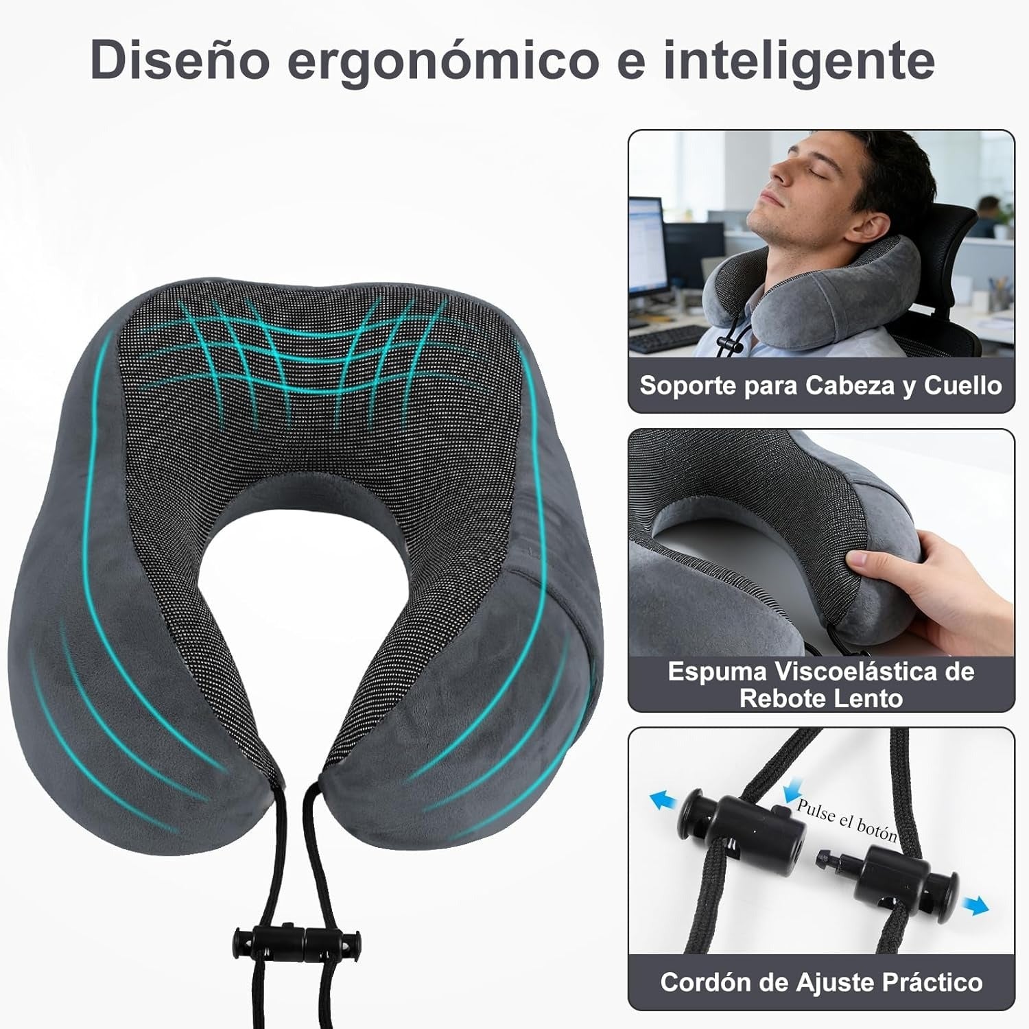 Una Almohada Cervical Ergonómica en Forma de U con Bolsa de Almacenamiento, Espuma de Memoria con Tecnología de Rebote Lento, Funda Lavable a Máquina, Ligera y Portátil para Avión, Oficina y Hogar, Apoya Cuello y Cabeza, Ideal para Siestas, Lectura y Ver