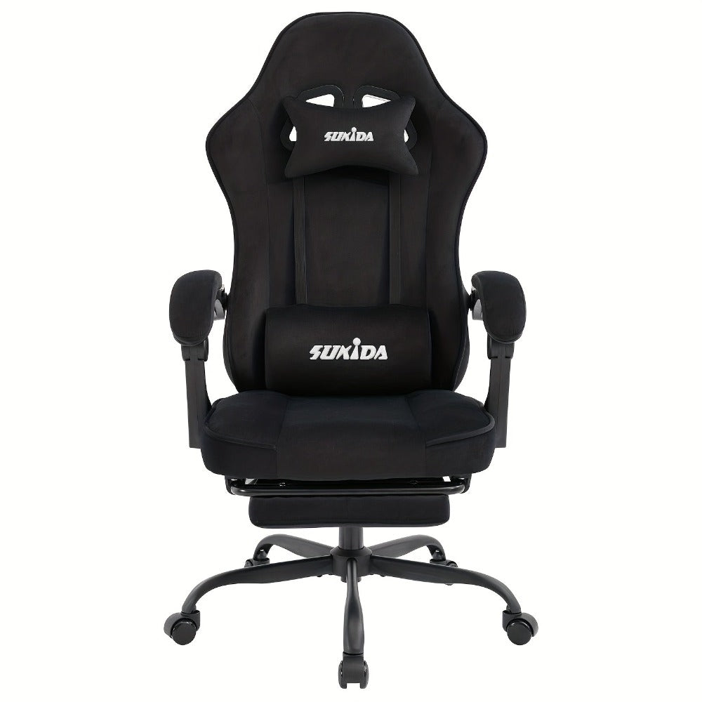 Silla de gaming SUKIDA de tela, silla de gaming ergonómica con reposapiés, silla de carreras para ordenador ajustable con soporte lumbar, silla ergonómica para PC negra