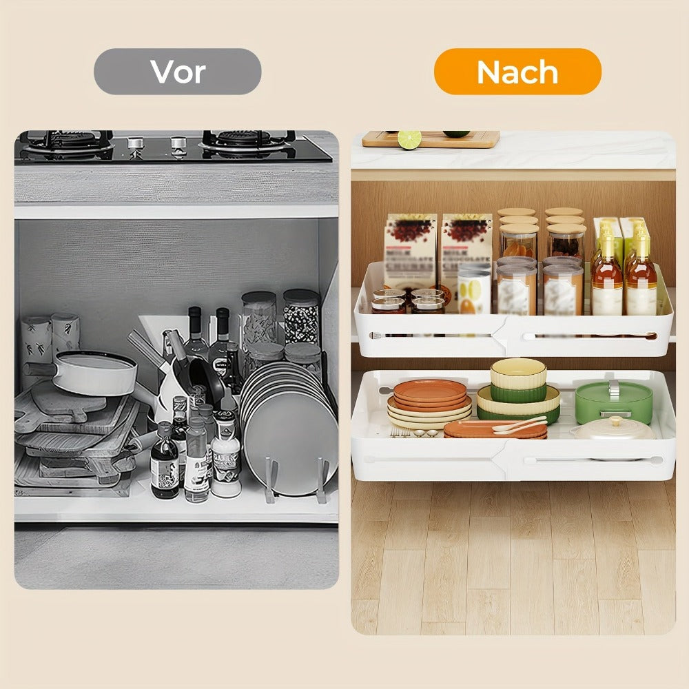 2 piezas/1 pieza Cajón de cocina expandible, estante telescópico de plástico con adhesivo, organizador de gabinete expandible, gabinete de cajón telescópico extraíble, utilizado para la organización del cuarto de utensilios de cocina, ancho ajustable de 3