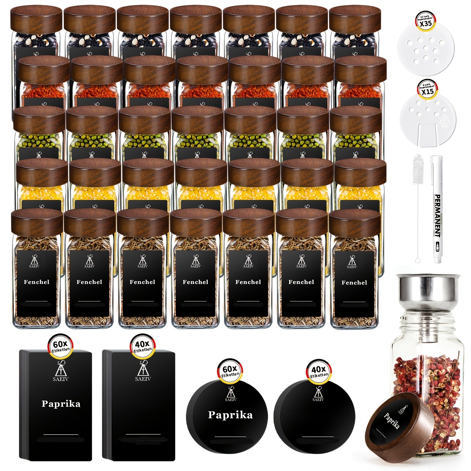 Set de Tarros de Especias Cuadrados SAEIV (Con Tapas): 12/24/35 Tarros de Especias (Con Etiquetas para Especias): Organizador Perfecto para Especias de Cocina, Vasos de 120 ml: Incluye Boquilla, Etiquetas, Cepillo de Limpieza y Colador