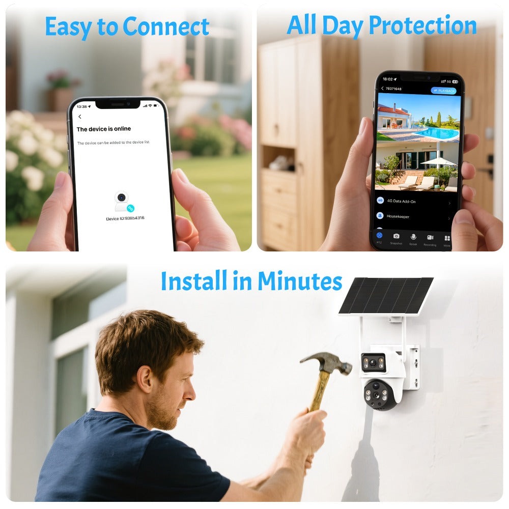 Cámara de seguridad solar de 8MP con doble lente y 4G, con batería, incluye tarjeta SIM, visión nocturna a color, seguimiento automático de humanos, audio bidireccional, cámara de vigilancia inalámbrica para el hogar con rotación panorámica y de inclinaci