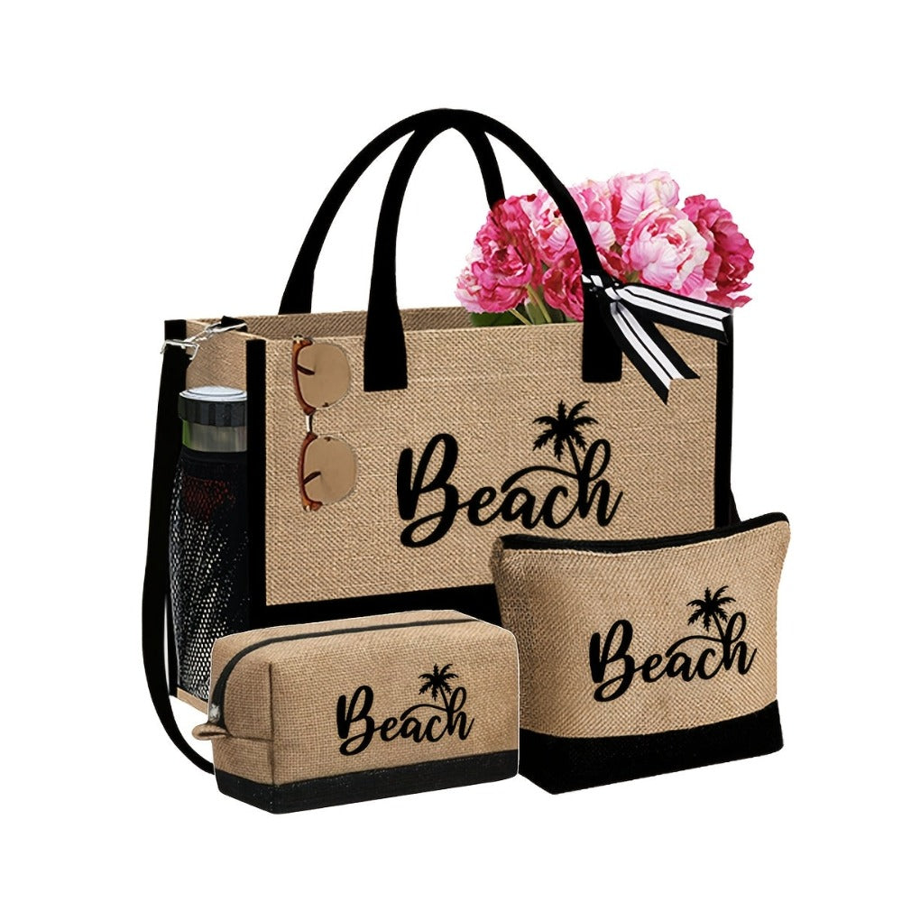 Bolso de Playa para Mujer, con un Diseño Moderno de "Beach" y Sombrero de Playa, Ideal para Vacaciones en la Playa y Bodas al Aire Libre. Un Regalo Perfecto para Mujeres, Madres, Estudiantes y para el Regreso a Clases