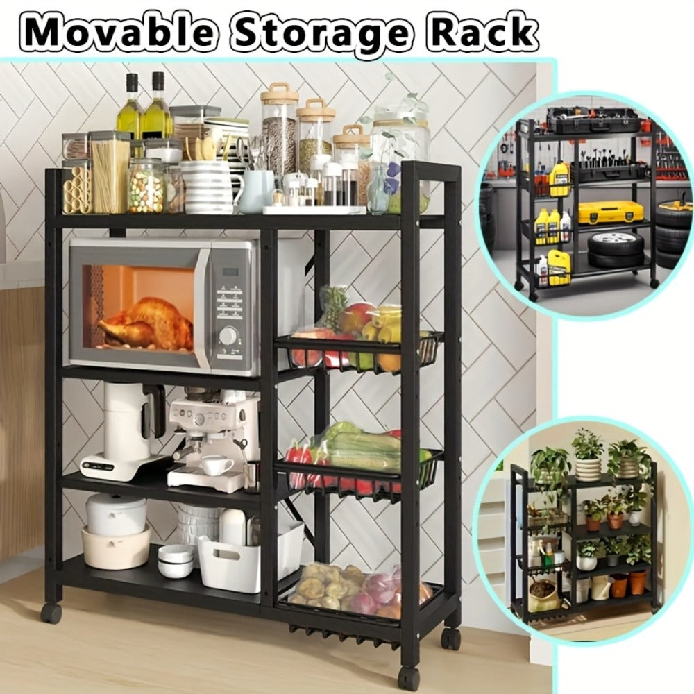 1pc Estante Rodante Ajustable de 4 Niveles con 3 Cestas de Alambre y Estructura Independiente - Unidad de Almacenamiento Móvil Ideal para Garaje, Despensa, Baño, Organizador de Armario, Ahorro de Espacio, Regalo para Hogar Nuevo, Estructura de Metal Pinta