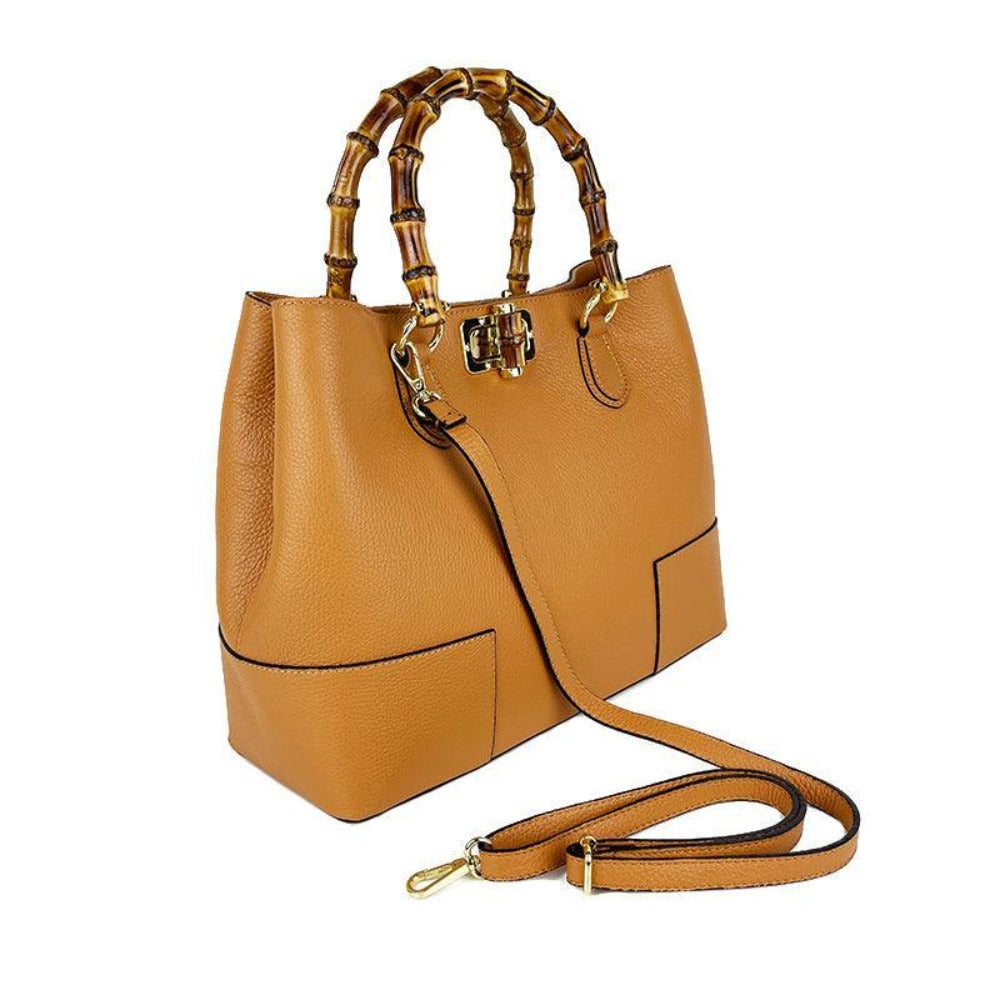 Bolso de cuero real con asas de bambú hecho en Italia, bolso de mujer, bolso de bambú de cuero