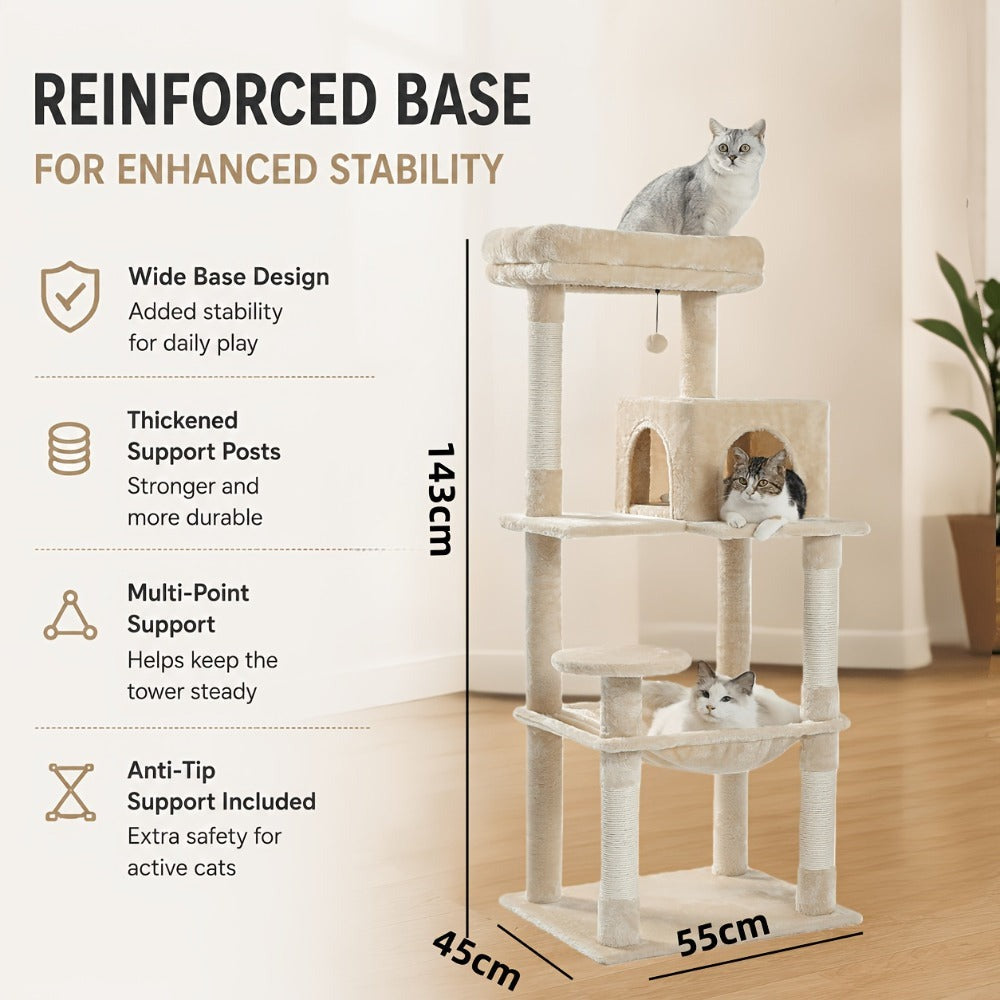 Árbol para Gatos de 143 cm de Altura, Torre Multinivel con Hamaca Extra Grande, Postes de Rascado Cubiertos de Sisal, Condominio Acogedor y Plataforma Superior