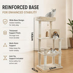Árbol para Gatos de 143 cm de Altura, Torre Multinivel con Hamaca Extra Grande, Postes de Rascado Cubiertos de Sisal, Condominio Acogedor y Plataforma Superior