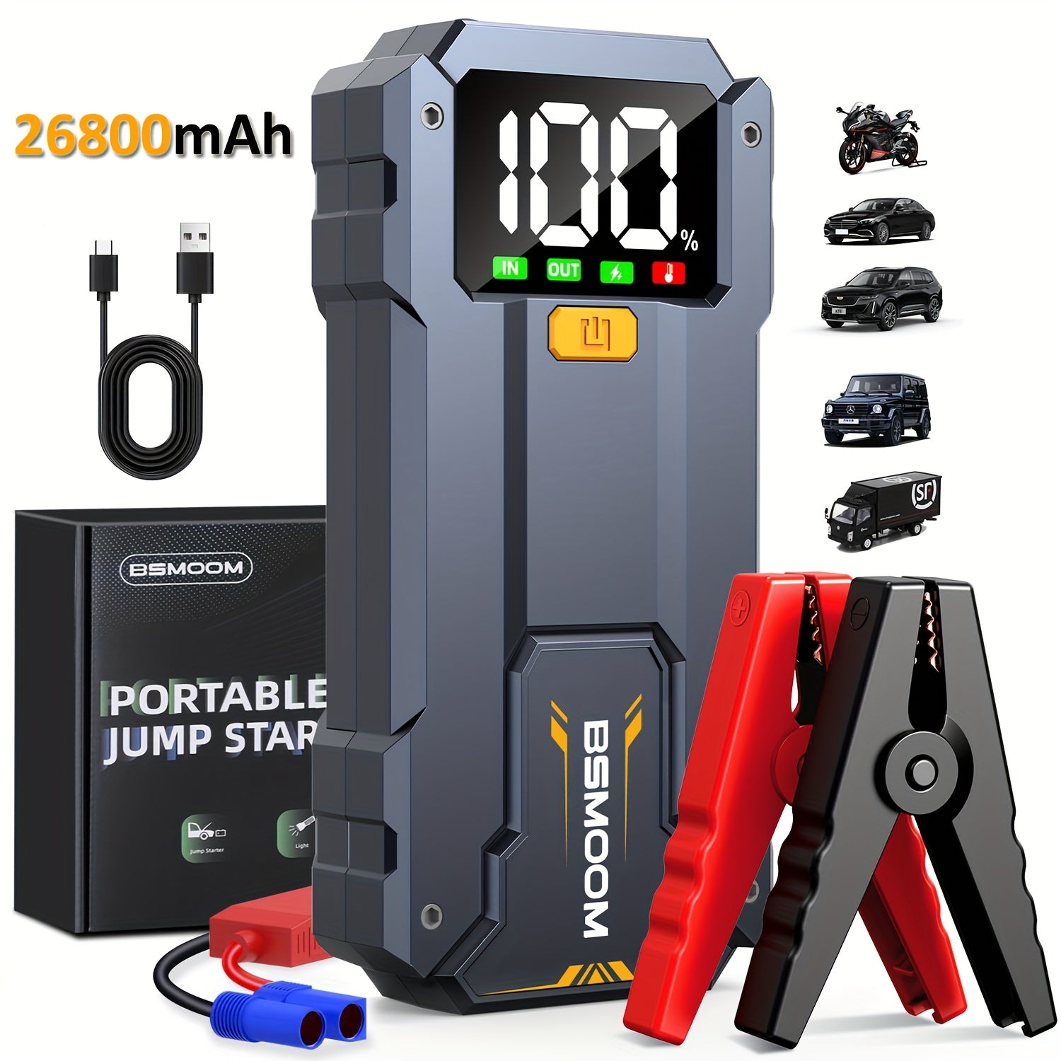 Arrancador de Coche 7000A con Linterna LED, Pantalla LCD Grande, Pack de Refuerzo de Batería de Emergencia para Coche de 12V, Jump Box, Cargador Portátil Power Bank
