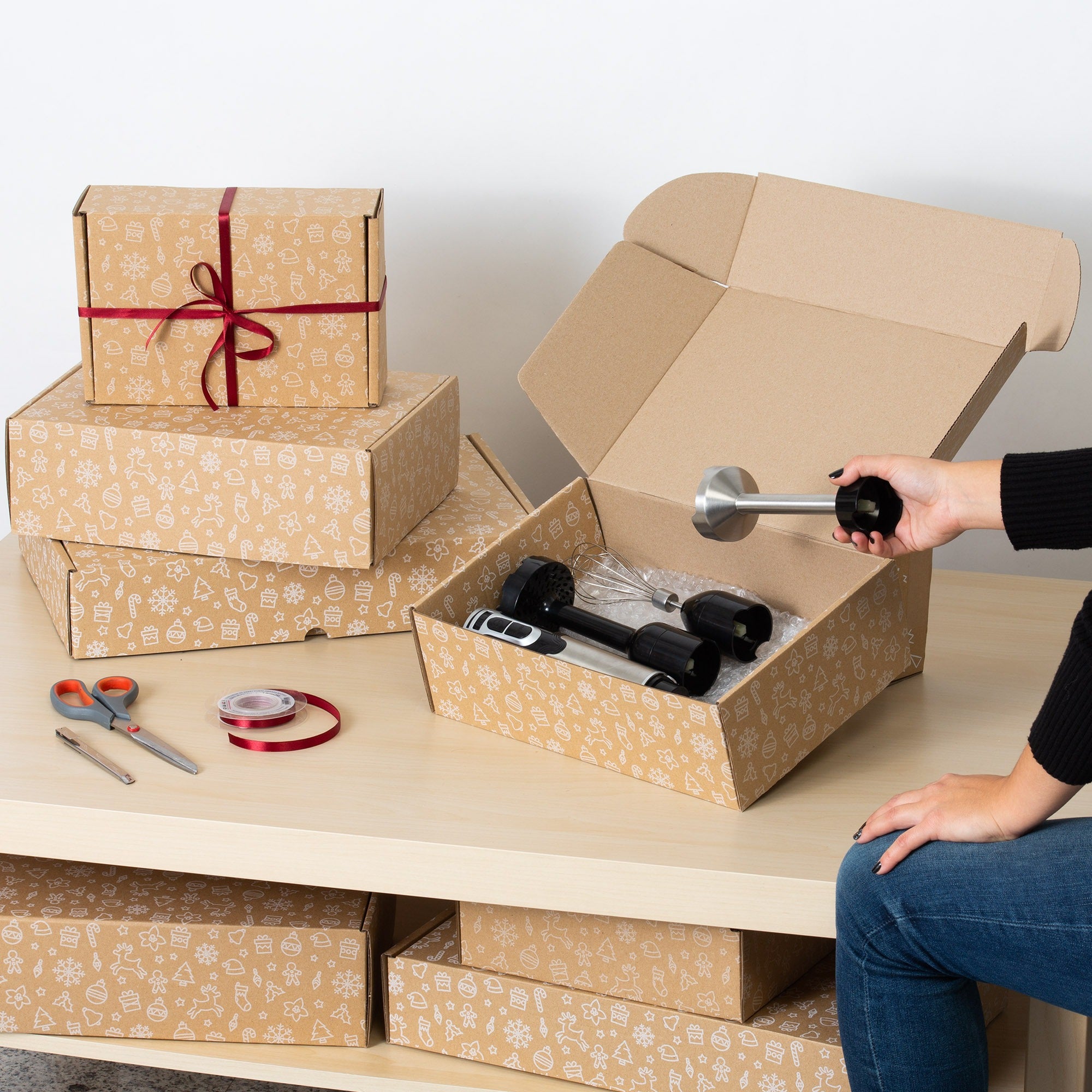Caja Cartón Envío Navidad, Caja Cartón Navidad Automontable de Cartón Kraft, Caja Regalo - Packer PRO