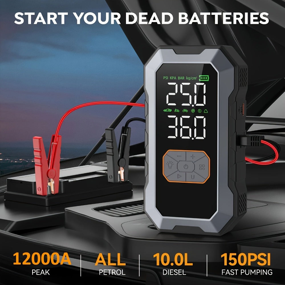 Arrancador de Coche 12000A con Compresor de Aire Inflador de Neumáticos Inalámbrico, Booster de Batería de 25000mAh con Pack de Batería Externa y Linternas LED, Caja de Arranque Automático de 12V para Todos los Vehículos de Gasolina o Diésel de 10.0L, Pan