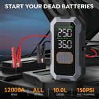 Arrancador de Coche 12000A con Compresor de Aire Inflador de Neumáticos Inalámbrico, Booster de Batería de 25000mAh con Pack de Batería Externa y Linternas LED, Caja de Arranque Automático de 12V para Todos los Vehículos de Gasolina o Diésel de 10.0L, Pan