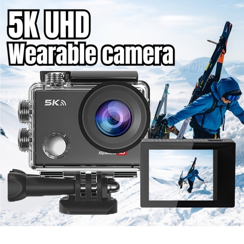 Cámara de Acción 5K Ultra HD, Fotos de 24MP, Pantalla IPS de 2 pulgadas, Con WiFi, Control Remoto por App, Batería de Polímero de Litio de 1350mAh, Modo de Alimentación Dual, Cuerpo de ABS, Con Funda Para Deportes, Vlogging y Grabación de Aventuras