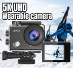 Cámara de Acción 5K Ultra HD, Fotos de 24MP, Pantalla IPS de 2 pulgadas, Con WiFi, Control Remoto por App, Batería de Polímero de Litio de 1350mAh, Modo de Alimentación Dual, Cuerpo de ABS, Con Funda Para Deportes, Vlogging y Grabación de Aventuras