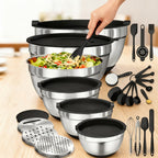 26 tazones para ensalada con tapas, 6 tazones mezcladores de acero inoxidable, 3 accesorios de cuchillo mezclador, 17 herramientas de cocina prácticas, antideslizantes, gadgets de cocina resistentes al óxido para ensaladas y más