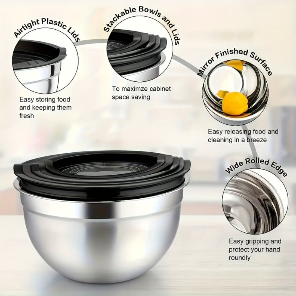 26 tazones para ensalada con tapas, 6 tazones mezcladores de acero inoxidable, 3 accesorios de cuchillo mezclador, 17 herramientas de cocina prácticas, antideslizantes, gadgets de cocina resistentes al óxido para ensaladas y más