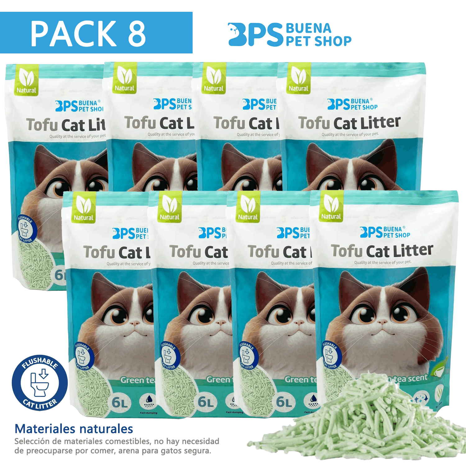 BPS Arena de Tofu para Gatos 6L - Sin Polvo Fácil de Aglomerar y Controla Olores - Biodegradable y Segura para Gatitos - Pack de 8 Bolsas