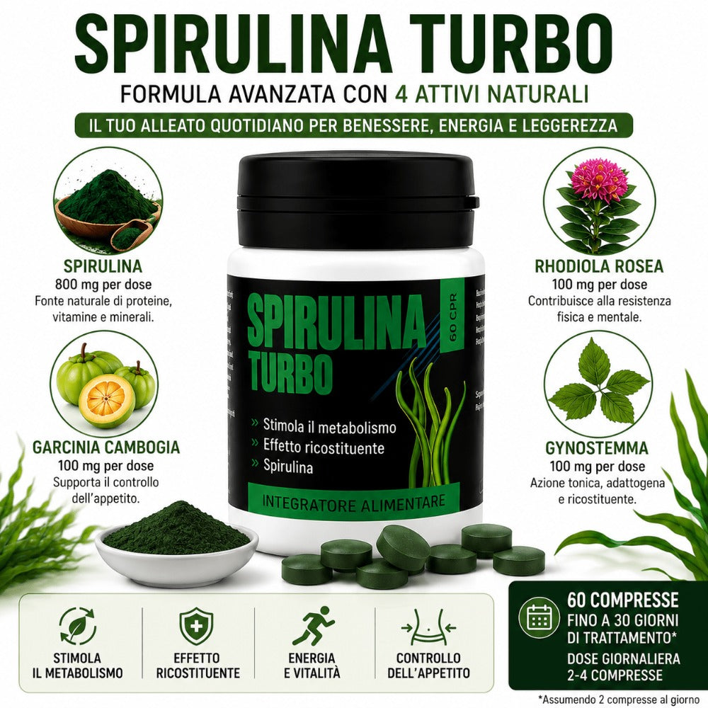 Spirulina Turbo – Suplemento Dietético a Base de Espirulina – 60 Tabletas Veganas de 500 mg – Apoyo para la Rutina Diaria y el Bienestar
