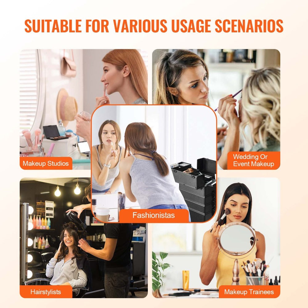 VEVOR 5 en 1 Maleta profesional de maquillaje de aluminio, maleta de maquillaje con ruedas extra grande, organizador de viaje de maquillaje con ruedas giratorias de 360° y palanca ajustable, negro