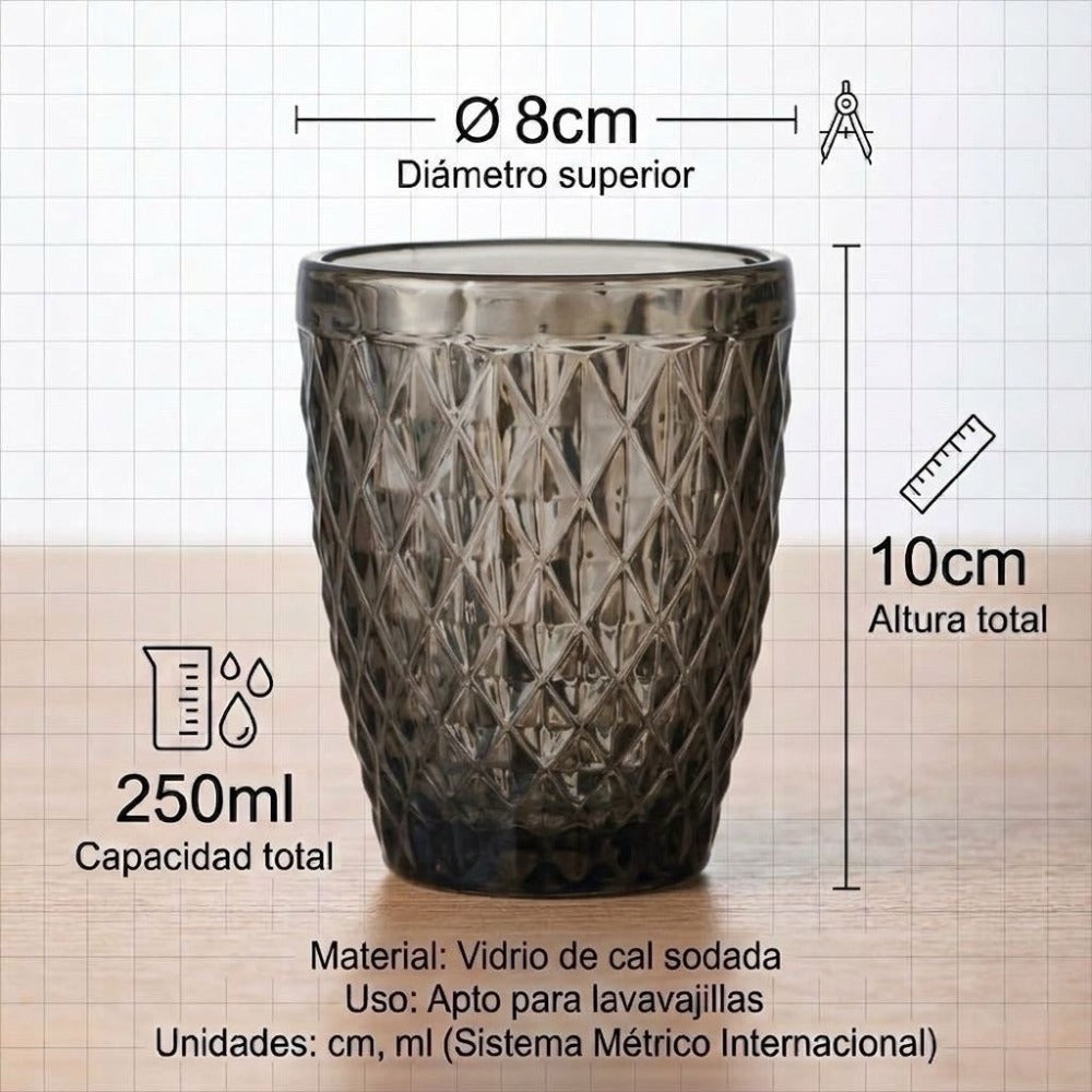 TRESV Set de 6 Vasos de Cristal 250ml | Diseño de Diamante Elegante | Aptos para Lavavajillas | Vidrio Sin Plomo para Agua y Refrescos