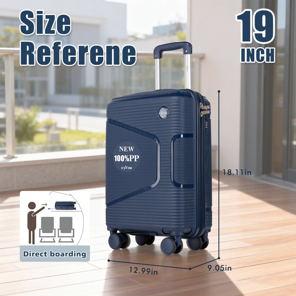 Equipaje de mano de 19 pulgadas | 8 colores, 100% PP ligero y anti-deformación | Cerradura de contraseña Trinity, cremallera protectora suave, asa elástica | Se adapta a los compartimentos superior de los aviones