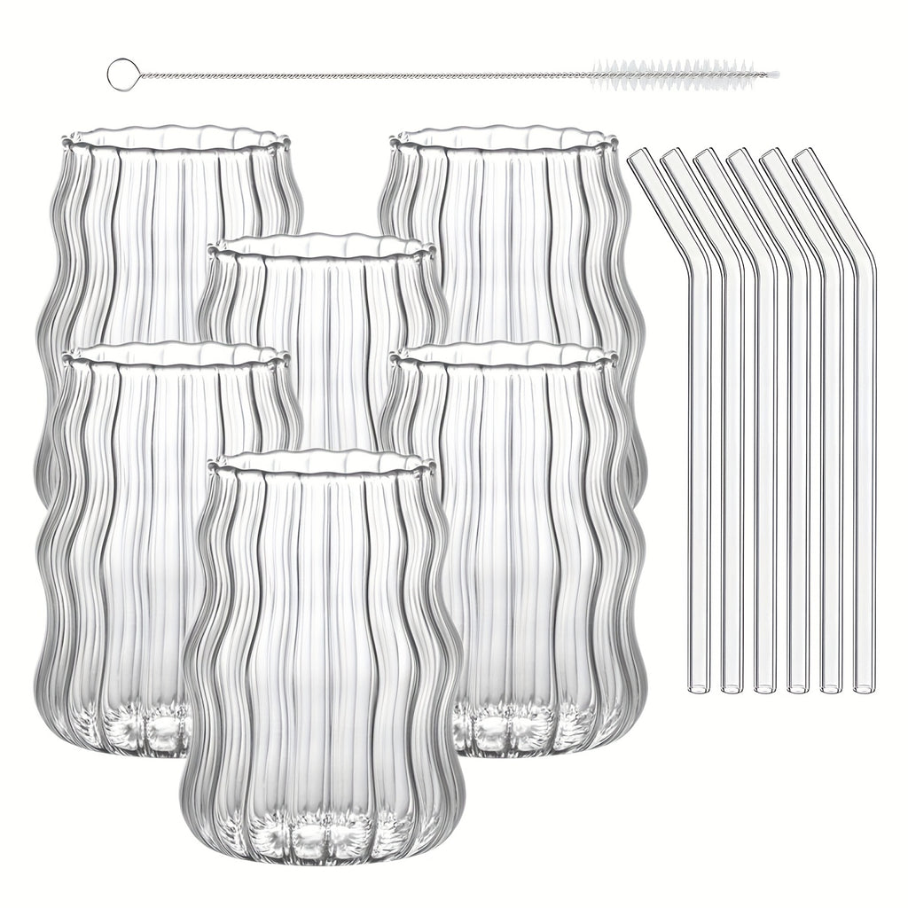 Almacén Local, Juego de 6 Vasos Rayados con Forma de Nube, Incluye 6 Pajitas, 530 ml/18 oz, Adecuado para Bebidas Frías/Calientes, Jugo, Leche, Agua, Helado, Cócteles, Perfecto para Fiestas, Hecho de Vidrio Borosilicato, Apto para Lavavajillas