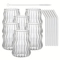 Almacén Local, Juego de 6 Vasos Rayados con Forma de Nube, Incluye 6 Pajitas, 530 ml/18 oz, Adecuado para Bebidas Frías/Calientes, Jugo, Leche, Agua, Helado, Cócteles, Perfecto para Fiestas, Hecho de Vidrio Borosilicato, Apto para Lavavajillas