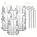 Almacén Local, Juego de 6 Vasos Rayados con Forma de Nube, Incluye 6 Pajitas, 530 ml/18 oz, Adecuado para Bebidas Frías/Calientes, Jugo, Leche, Agua, Helado, Cócteles, Perfecto para Fiestas, Hecho de Vidrio Borosilicato, Apto para Lavavajillas