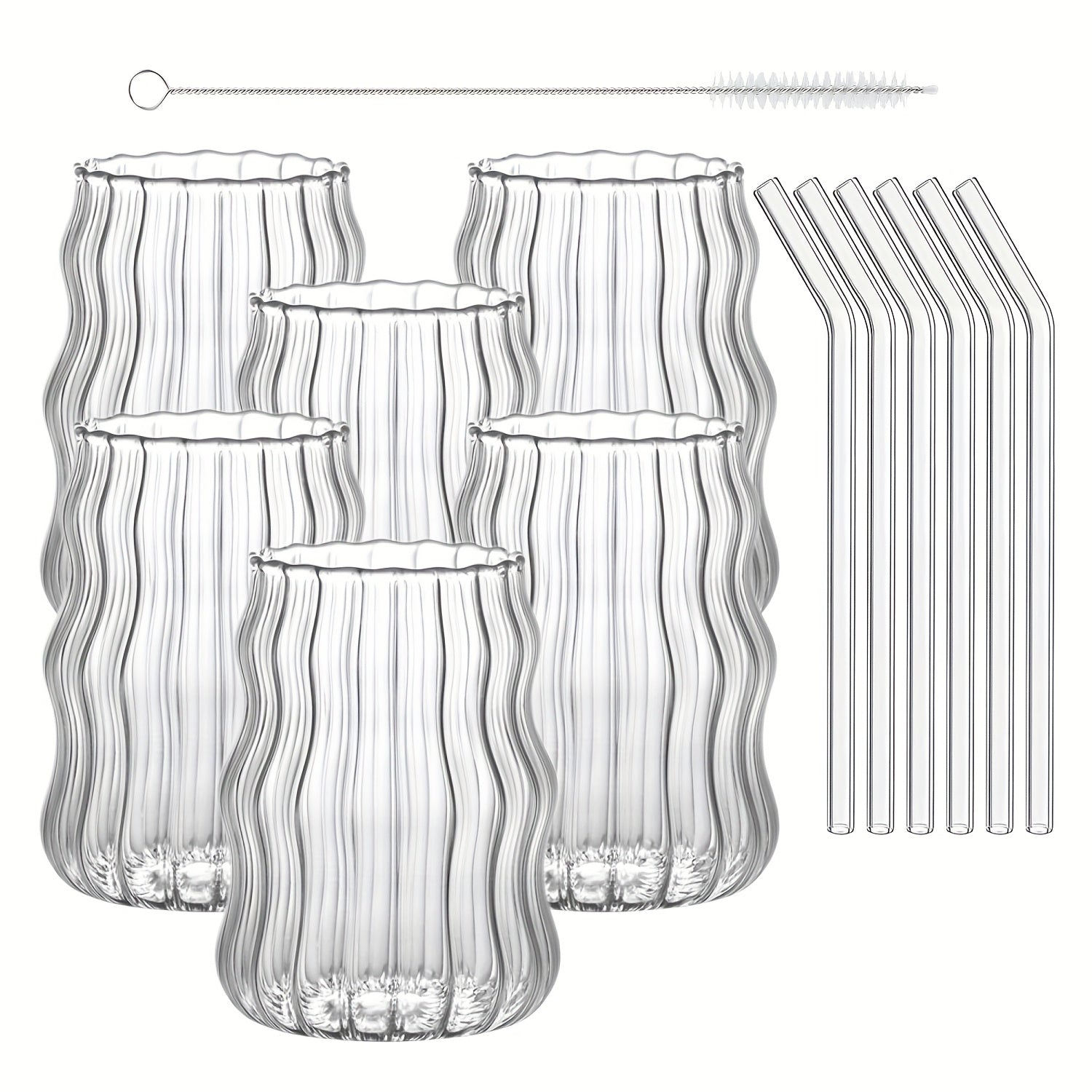 Almacén Local, Juego de 6 Vasos Rayados con Forma de Nube, Incluye 6 Pajitas, 530 ml/18 oz, Adecuado para Bebidas Frías/Calientes, Jugo, Leche, Agua, Helado, Cócteles, Perfecto para Fiestas, Hecho de Vidrio Borosilicato, Apto para Lavavajillas