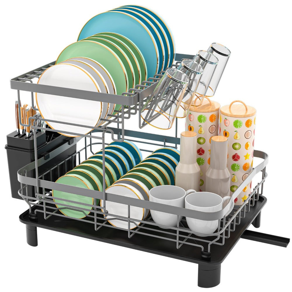 Estante de Platos de Doble Capa, Escurridor de Platos con Plato de Drenaje y Boquilla Giratoria, Estante de Platos con Organizador de Cubiertos y Portavasos - Regalo Perfecto para Mujeres, Esposa, Día de la Madre, Accesorio de Cocina