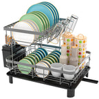 Estante de Platos de Doble Capa, Escurridor de Platos con Plato de Drenaje y Boquilla Giratoria, Estante de Platos con Organizador de Cubiertos y Portavasos - Regalo Perfecto para Mujeres, Esposa, Día de la Madre, Accesorio de Cocina